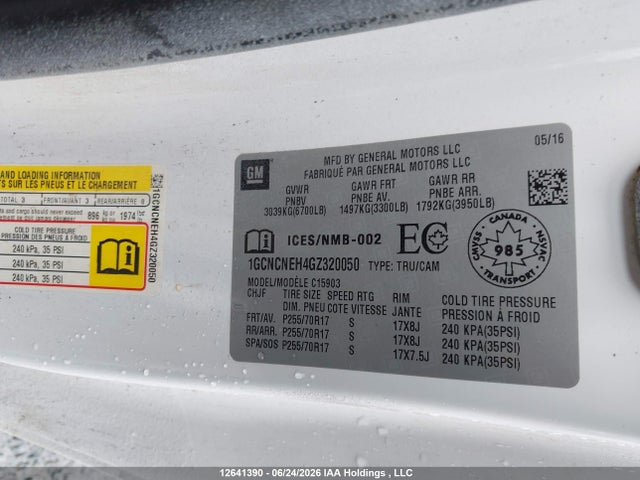 2016 Chevrolet Silverado 1500 Work Truck მანქანა იყიდება აუქციონზე, vin: 1GCNCNEH4GZ320050, აუქციონის ნომერი: 12641390