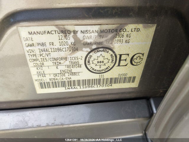 Aukcja sprzedaży 2006 Nissan Altima 2.5 S, vin: 1N4AL11D96C170504, numer aukcji: 12641391