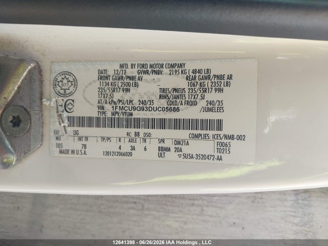 12641398 :رقم المزاد ، 1FMCU9G93DUC05686 vin ، 2013 Ford Escape Se مزاد بيع
