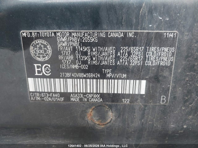 12641402 :رقم المزاد ، 2T3BF4DV8BW168424 vin ، 2011 Toyota Rav4 مزاد بيع