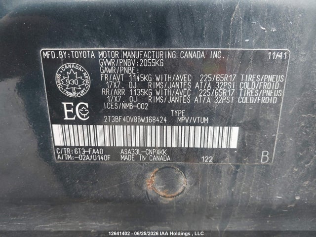 12641402 :رقم المزاد ، 2T3BF4DV8BW168424 vin ، 2011 Toyota Rav4 مزاد بيع