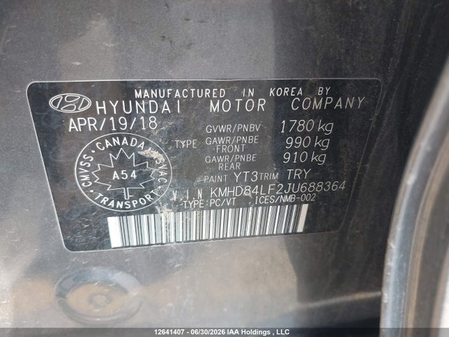 KMHD84LF2JU688364 Hyundai Elantra Gl Se
