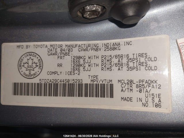 2004 Toyota Sienna Ce მანქანა იყიდება აუქციონზე, vin: 5TDZA29C44S015293, აუქციონის ნომერი: 12641424