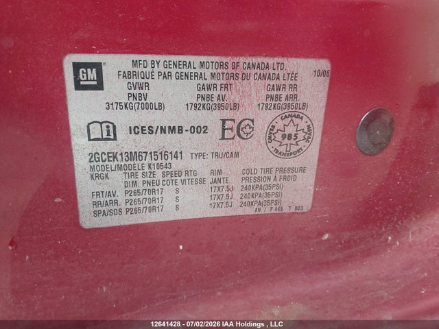 Aukcja sprzedaży 2007 Chevrolet Silverado K1500 Crew Cab, vin: 2GCEK13M671516141, numer aukcji: 12641428