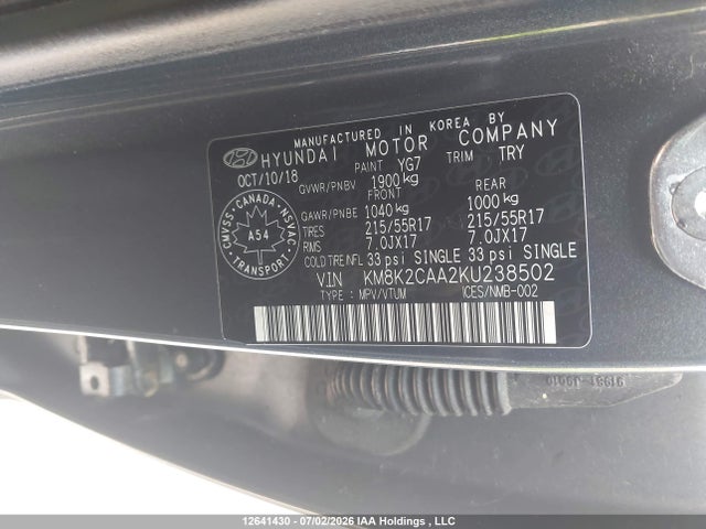 12641430 :رقم المزاد ، KM8K2CAA2KU238502 vin ، 2019 Hyundai Kona 2.0l Preferred مزاد بيع