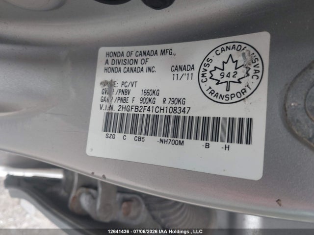 Продаж на аукціоні авто 2012 Honda Civic, vin: 2HGFB2F41CH108347, номер лоту: 12641436