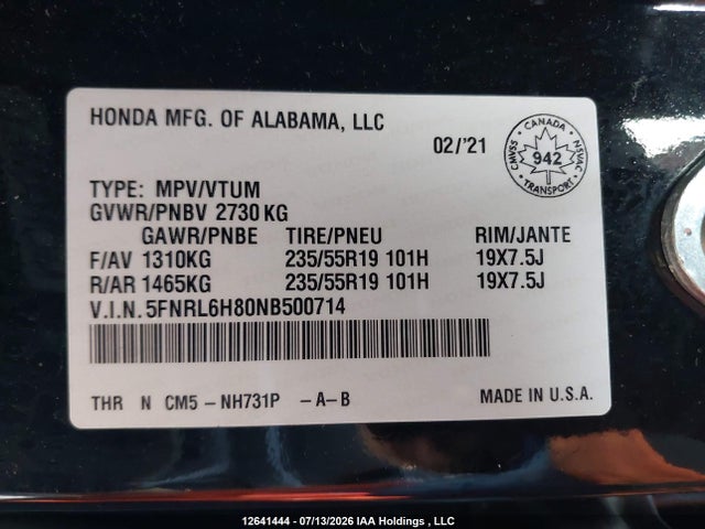 Aukcja sprzedaży 2022 Honda Odyssey Touring, vin: 5FNRL6H80NB500714, numer aukcji: 12641444