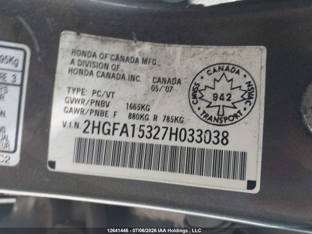 Auction sale of the 2007 Honda Civic Dx, vin: 2HGFA15327H033038, lot number: 12641446