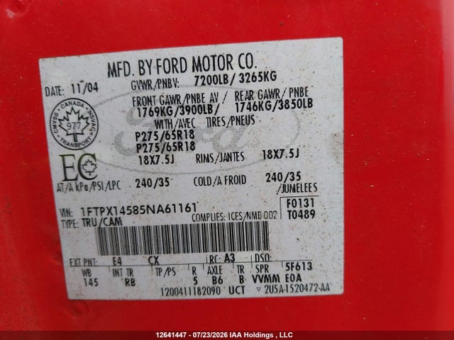 12641447 :رقم المزاد ، 1FTPX14585NA61161 vin ، 2005 Ford F150 مزاد بيع
