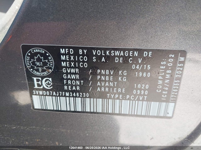 Продаж на аукціоні авто 2015 Volkswagen Jetta, vin: 3VWD07AJ7FM346230, номер лоту: 12641460