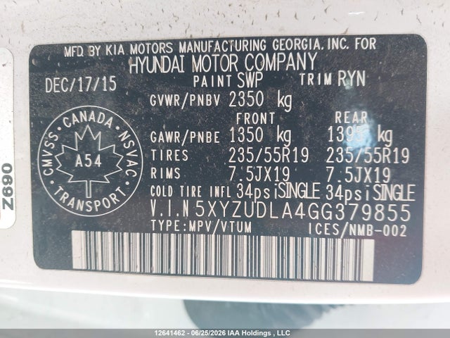 Продажа на аукционе авто 2016 Hyundai Santa Fe Sport 2.0t Se, vin: 5XYZUDLA4GG379855, номер лота: 12641462