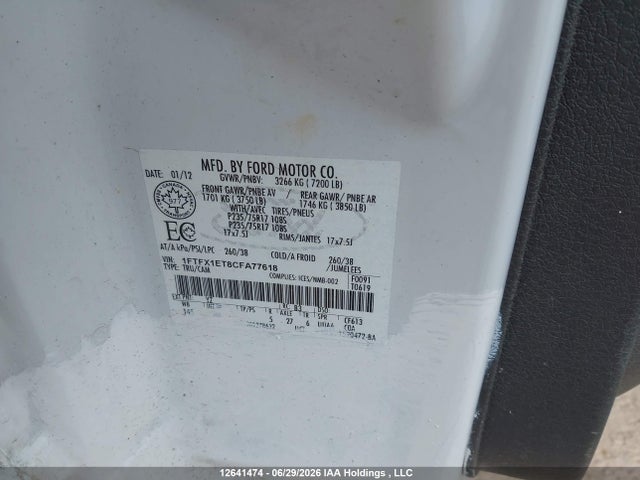 2012 Ford F-150 Xlt მანქანა იყიდება აუქციონზე, vin: 1FTFX1ET8CFA77618, აუქციონის ნომერი: 12641474