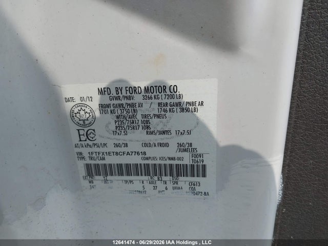 2012 Ford F-150 Xlt მანქანა იყიდება აუქციონზე, vin: 1FTFX1ET8CFA77618, აუქციონის ნომერი: 12641474