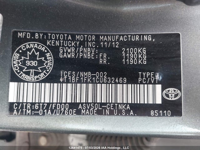 Продаж на аукціоні авто 2012 Toyota Camry Le, vin: 4T1BF1FK1CU632469, номер лоту: 12641475