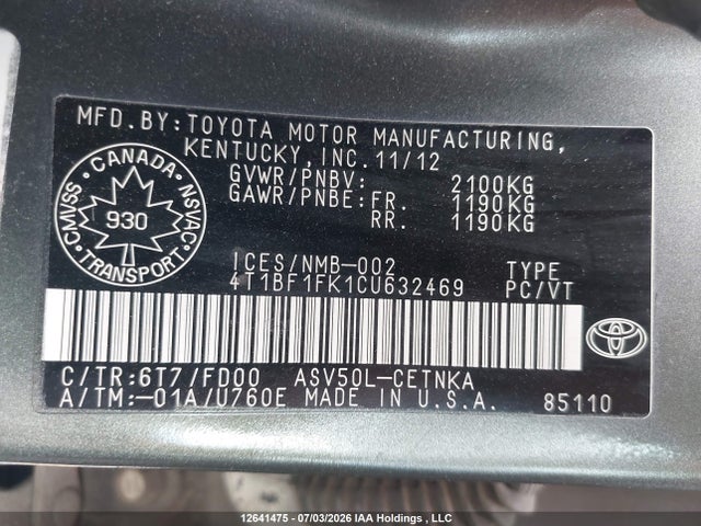 Продаж на аукціоні авто 2012 Toyota Camry Le, vin: 4T1BF1FK1CU632469, номер лоту: 12641475