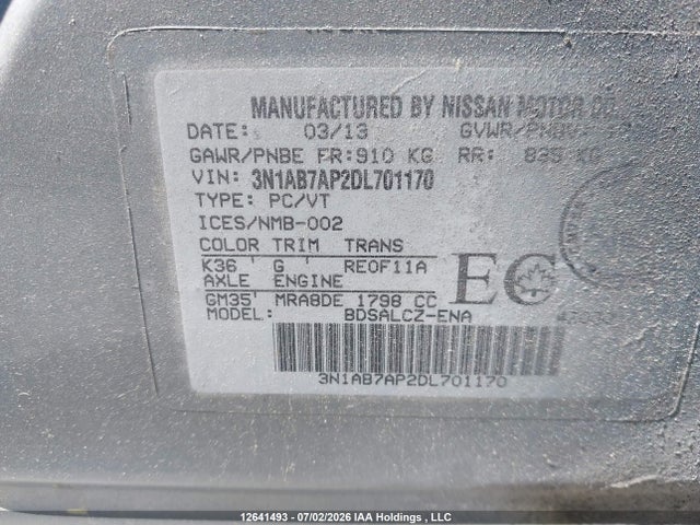 Aukcja sprzedaży 2013 Nissan Sentra 1.8 S/1.8 Sv, vin: 3N1AB7AP2DL701170, numer aukcji: 12641493