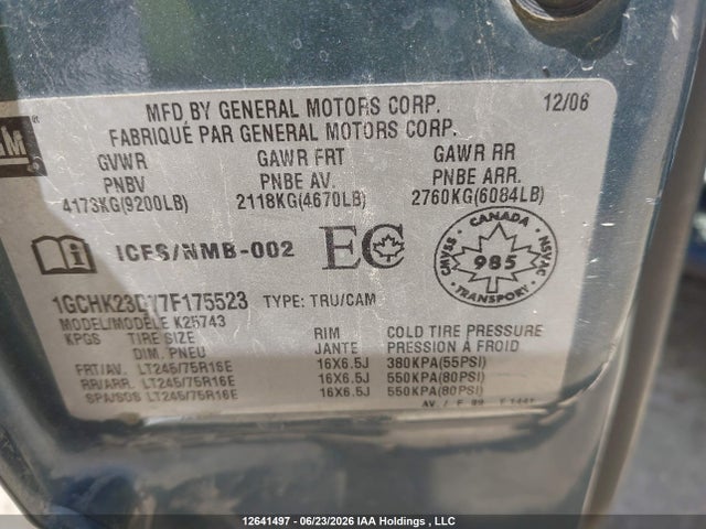 Продажа на аукционе авто 2007 Chevrolet Silverado 2500hd Ls/lt, vin: 1GCHK23D77F175523, номер лота: 12641497