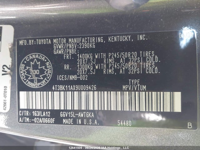 2009 Toyota Venza მანქანა იყიდება აუქციონზე, vin: 4T3BK11AX9U009426, აუქციონის ნომერი: 12641509