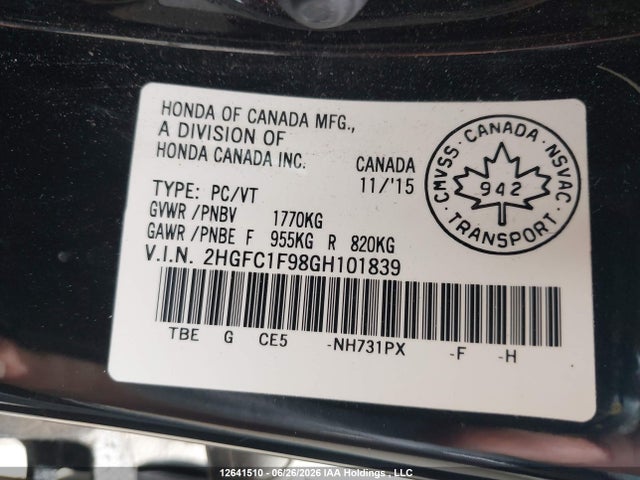 Продаж на аукціоні авто 2016 Honda Civic Touring, vin: 2HGFC1F98GH101839, номер лоту: 12641510
