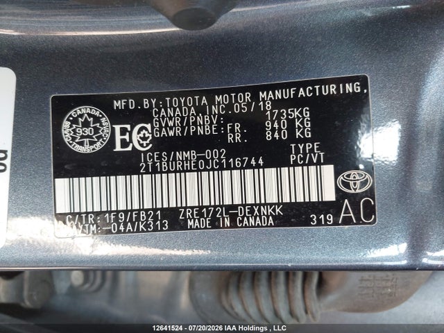 Продаж на аукціоні авто 2018 Toyota Corolla L/le/xle/se/xse, vin: 2T1BURHE0JC116744, номер лоту: 12641524