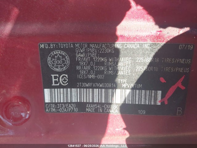 2T3DWRFV7KW030814 Toyota Rav4 Limited