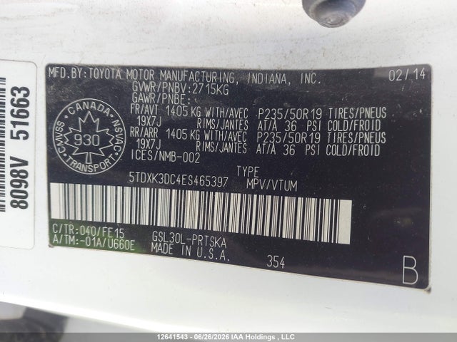 Продаж на аукціоні авто 2014 Toyota Sienna Se 8 Passenger, vin: 5TDXK3DC4ES465397, номер лоту: 12641543