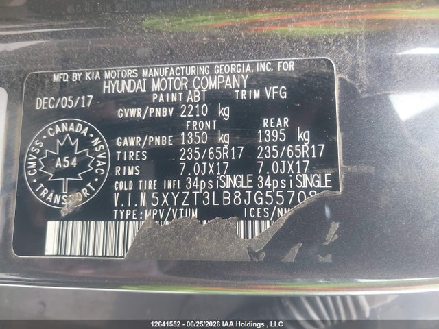2018 Hyundai Santa Fe მანქანა იყიდება აუქციონზე, vin: 5XYZT3LB8JG557084, აუქციონის ნომერი: 12641552