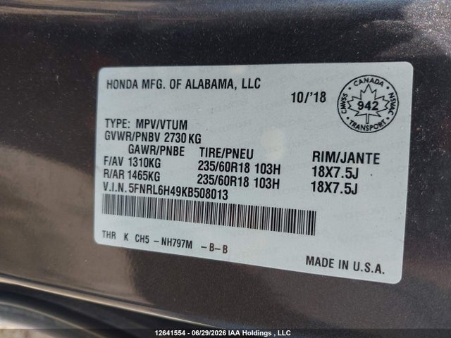 Honda ODYSSEY EX 2019 5FNRL6H49KB508013 Image 9