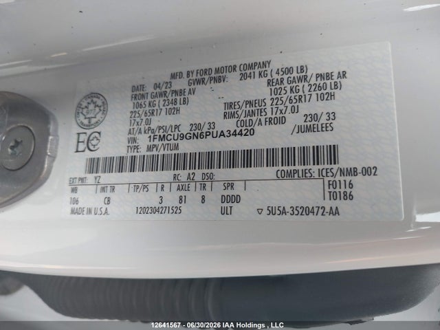Aukcja sprzedaży 2023 Ford Escape Active, vin: 1FMCU9GN6PUA34420, numer aukcji: 12641567