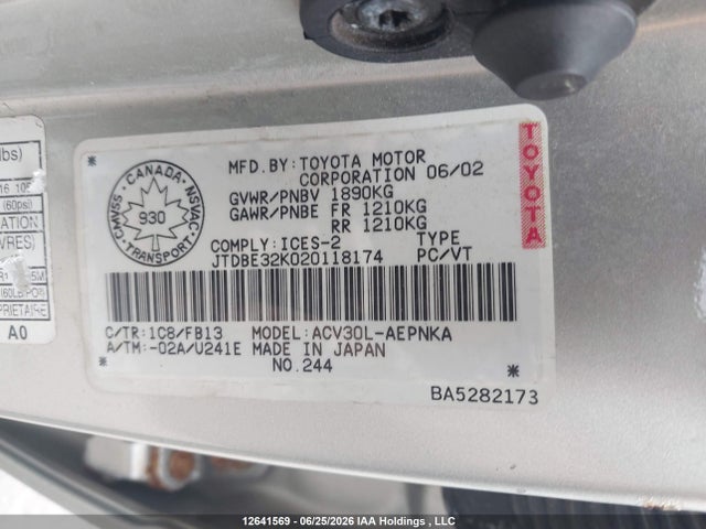 2002 Toyota Camry Le/xle მანქანა იყიდება აუქციონზე, vin: JTDBE32K020118174, აუქციონის ნომერი: 12641569