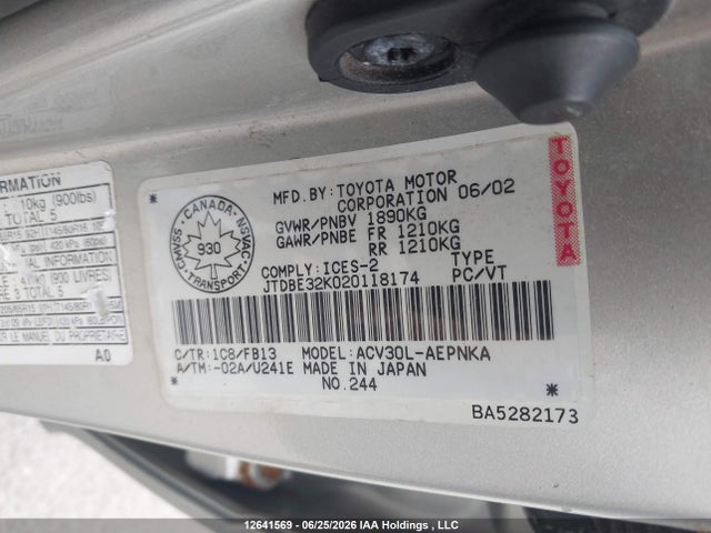 2002 Toyota Camry Le/xle მანქანა იყიდება აუქციონზე, vin: JTDBE32K020118174, აუქციონის ნომერი: 12641569
