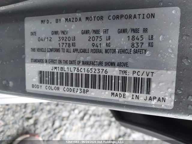 Aukcja sprzedaży 2012 Mazda Mazda3 Gs-sky, vin: JM1BL1L78C1652376, numer aukcji: 12641583