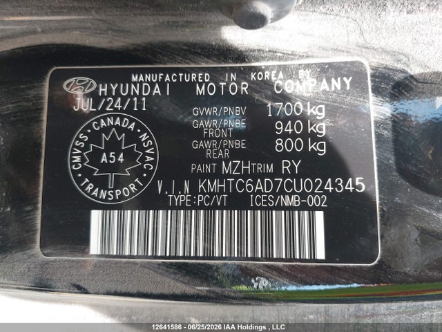 12641586 :رقم المزاد ، KMHTC6AD7CU024345 vin ، 2012 Hyundai Veloster مزاد بيع