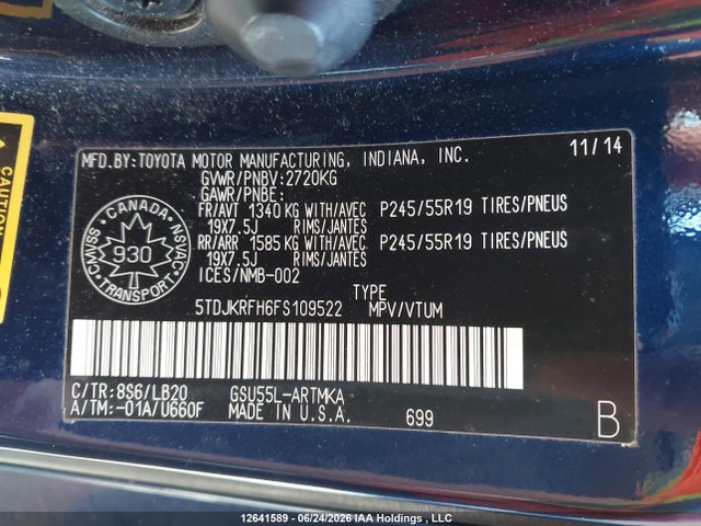 12641589 :رقم المزاد ، 5TDJKRFH6FS109522 vin ، 2015 Toyota Highlander Xle مزاد بيع