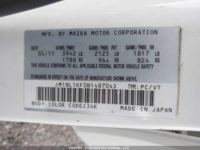 12641597 :رقم المزاد ، JM1BL1KF0B1487043 vin ، 2011 Mazda 3 I مزاد بيع