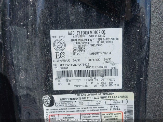 2009 Ford F150 Supercrew მანქანა იყიდება აუქციონზე, vin: 1FTPW14V89FA76925, აუქციონის ნომერი: 12641599