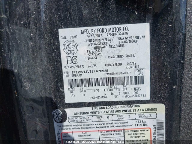 2009 Ford F150 Supercrew მანქანა იყიდება აუქციონზე, vin: 1FTPW14V89FA76925, აუქციონის ნომერი: 12641599