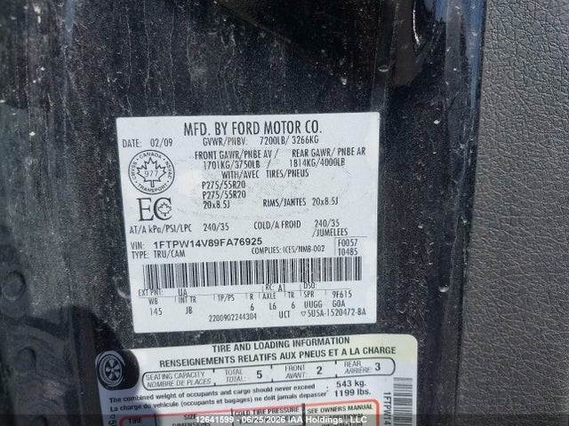 2009 Ford F150 Supercrew მანქანა იყიდება აუქციონზე, vin: 1FTPW14V89FA76925, აუქციონის ნომერი: 12641599