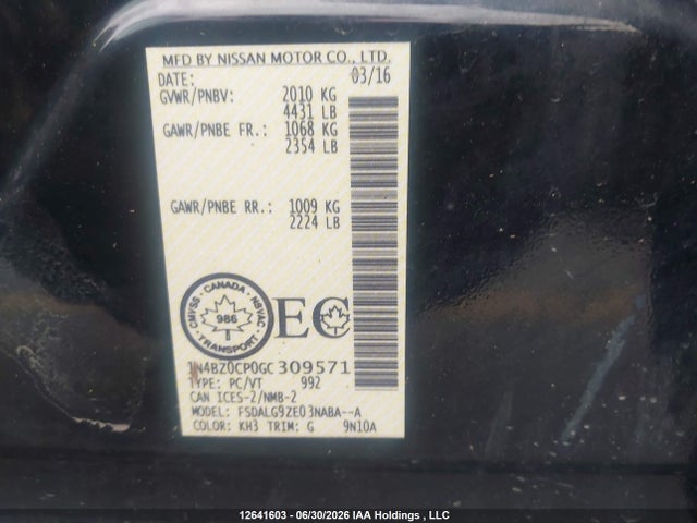 Aukcja sprzedaży 2016 Nissan Leaf Sv/sl, vin: 1N4BZ0CP0GC309571, numer aukcji: 12641603