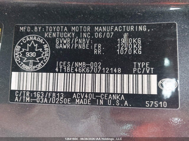 Продажа на аукционе авто 2007 Toyota Camry Le/se, vin: 4T1BE46K67U712148, номер лота: 12641604