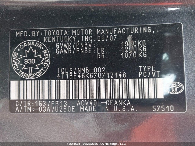 Продажа на аукционе авто 2007 Toyota Camry Le/se, vin: 4T1BE46K67U712148, номер лота: 12641604