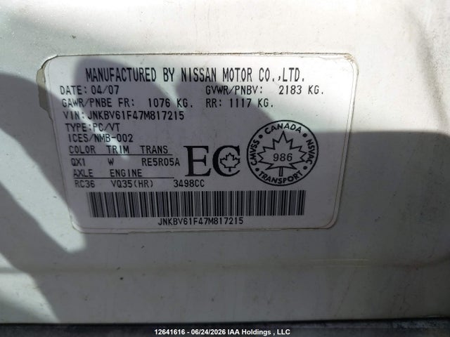 Продажа на аукционе авто 2007 Infiniti G35, vin: JNKBV61F47M817215, номер лота: 12641616