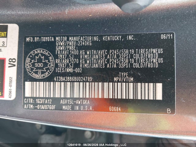 2011 Toyota Venza მანქანა იყიდება აუქციონზე, vin: 4T3BA3BB6BU024789, აუქციონის ნომერი: 12641619