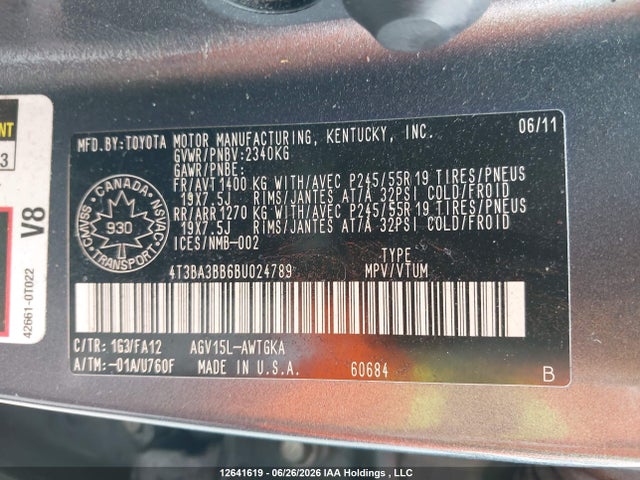 2011 Toyota Venza მანქანა იყიდება აუქციონზე, vin: 4T3BA3BB6BU024789, აუქციონის ნომერი: 12641619