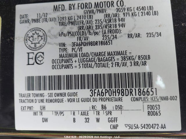 Продажа на аукционе авто 2013 Ford Fusion Se, vin: 3FA6P0H98DR186651, номер лота: 12641628