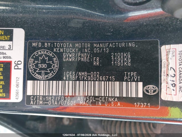 Aukcja sprzedaży 2013 Toyota Camry L/se/le/xle, vin: 4T1BF1FK9DU266715, numer aukcji: 12641634