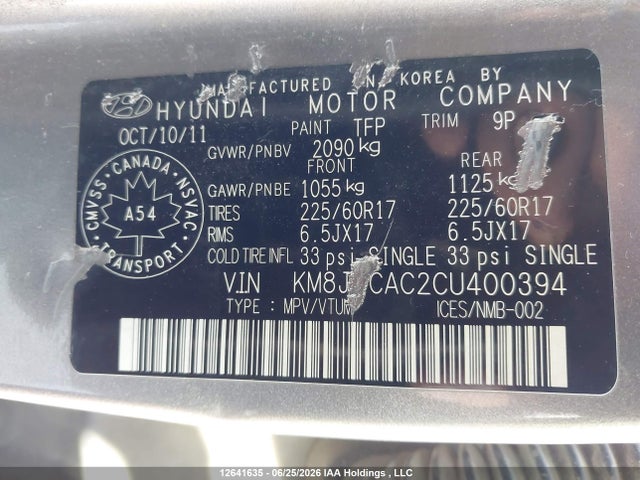 12641635 :رقم المزاد ، KM8JUCAC2CU400394 vin ، 2012 Hyundai Tucson Gls مزاد بيع