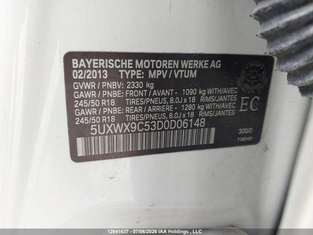 12641637 :رقم المزاد ، 5UXWX9C53D0D06148 vin ، 2013 Bmw X3 Xdrive28i مزاد بيع