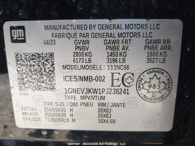 Aukcja sprzedaży 2023 Chevrolet Traverse Rs, vin: 1GNEVJKW1PJ238241, numer aukcji: 12641641