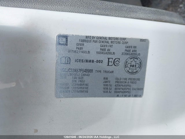 12641646 :رقم المزاد ، 1GCJC33K67F548988 vin ، 2007 Chevrolet Silverado C3500 مزاد بيع